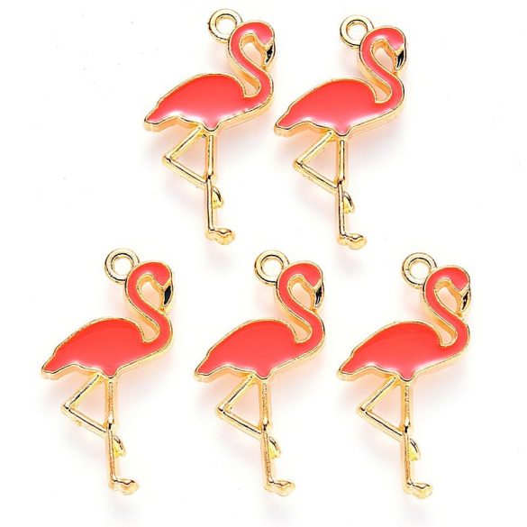 Flamingó, rózsaszín-arany, kb. 26x14 mm, (5 db)