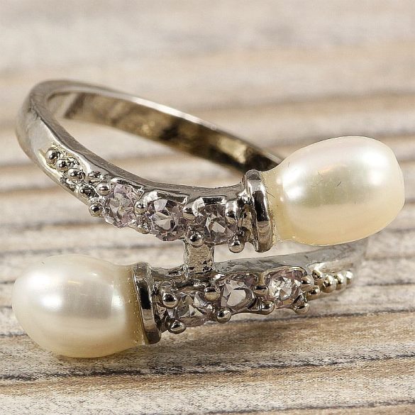 Tenyésztett gyöngyös gyűrű-4, 2 gyöngyös, fehér
