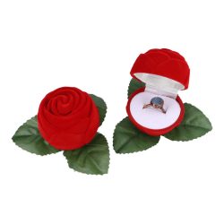 Díszdoboz, rózsa alakú, piros, levéllel, 7x8,5x5 cm