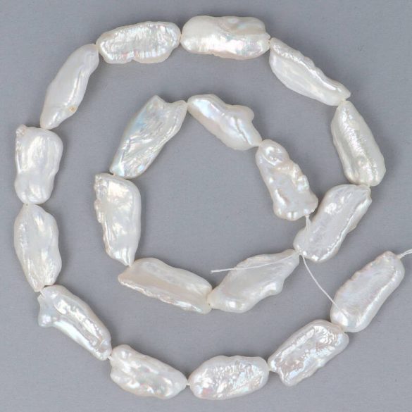 Biwa, fehér, hosszában fúrt, tenyésztett gyöngy alapanyagszál, 7x20 mm, kb. 39 cm